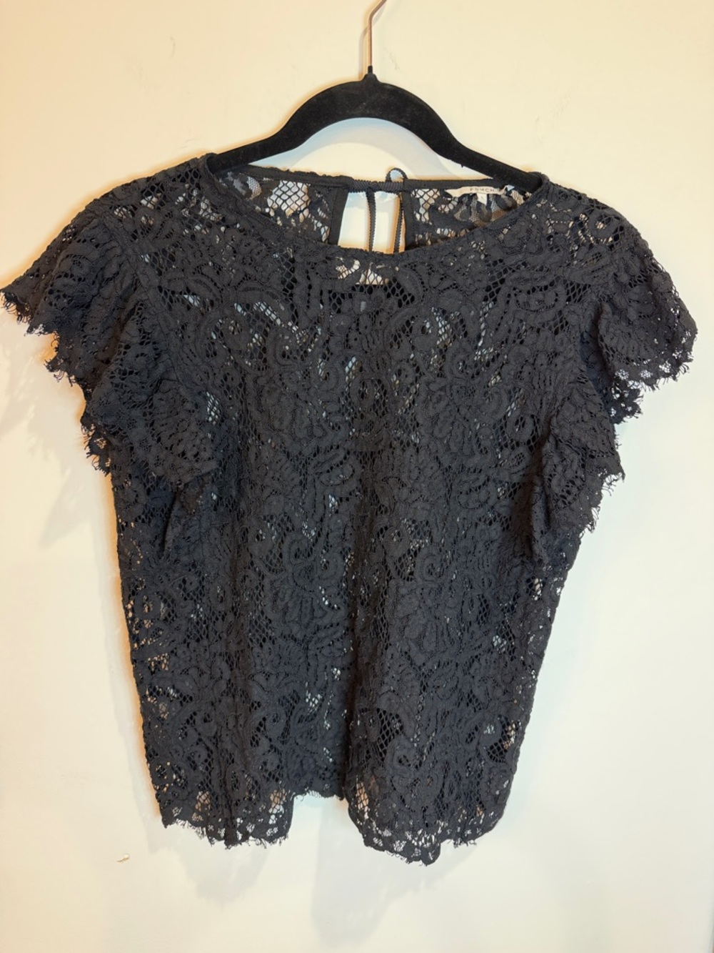 FRNCH Black Floral Lace Short Flutter Sleeve Blouse, S - Whimsigoth, Chic